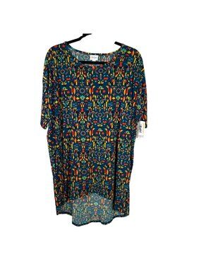 LuLaRoe IRMA Blue Red Yellow Orange Patterned Hi-Low Tunic Top Shirt MEDIUM M